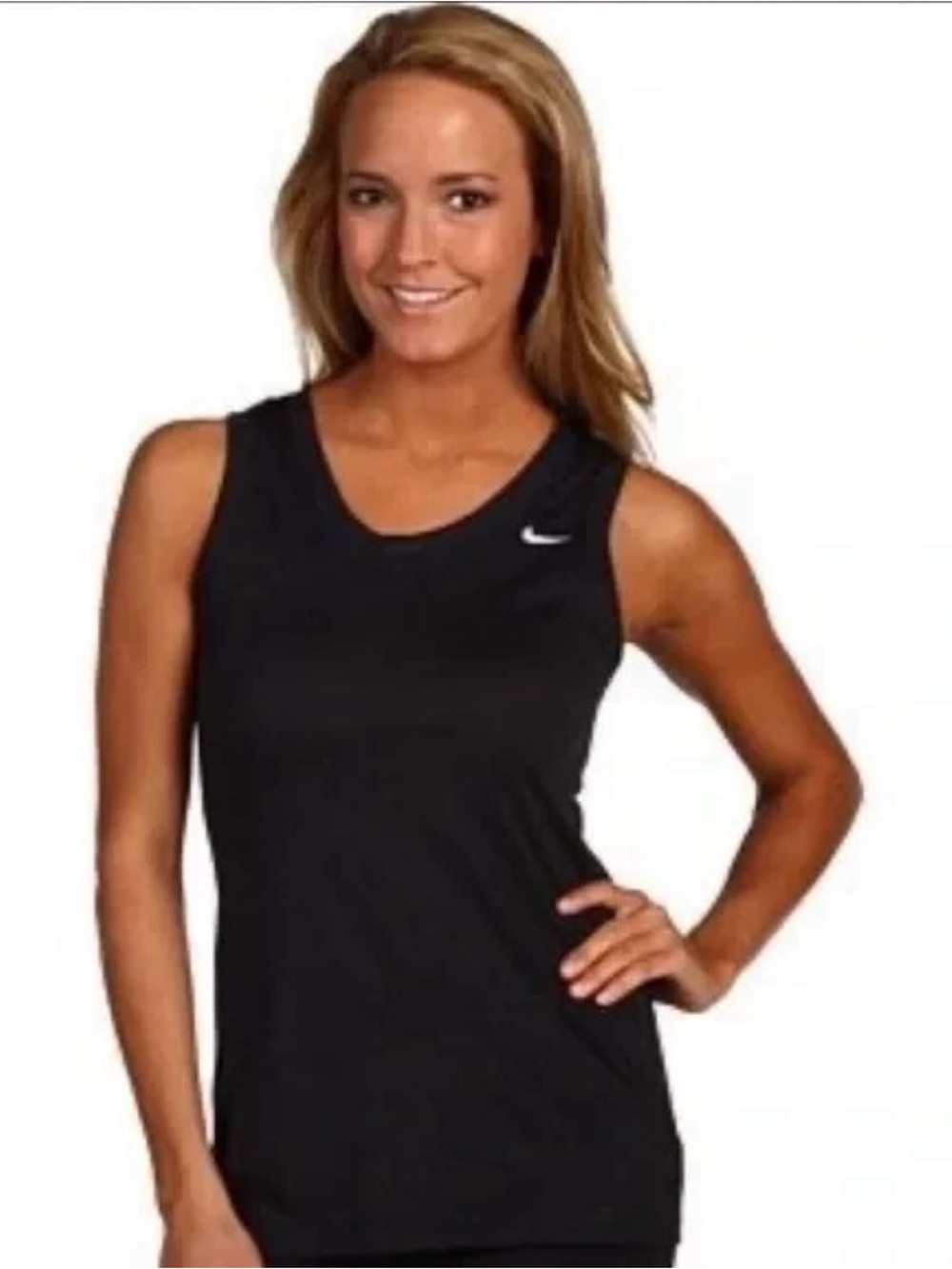Nike Dri-FIT athletic black tank top, white Swoosh logo upper left chest, size S